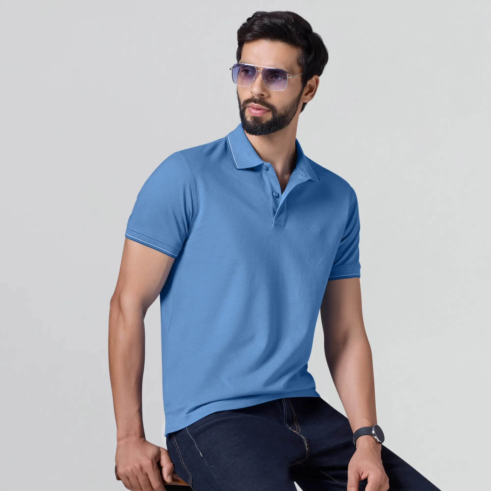 Accent Cotton Polo T-shirt - French Blue - Image 3