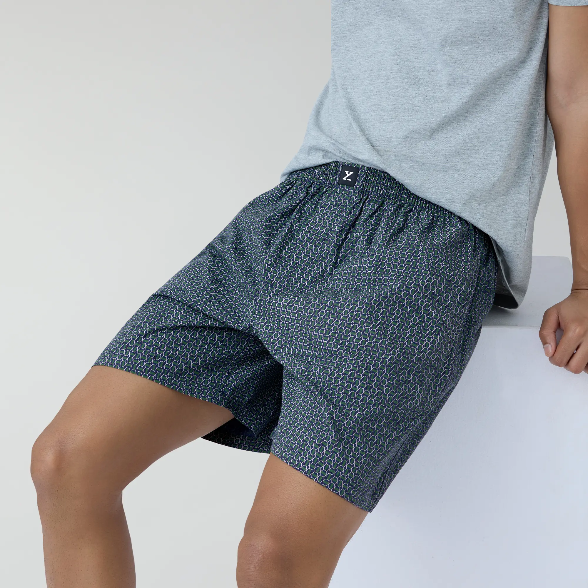 Astor Combed Cotton Boxer Shorts Green Hexagon
